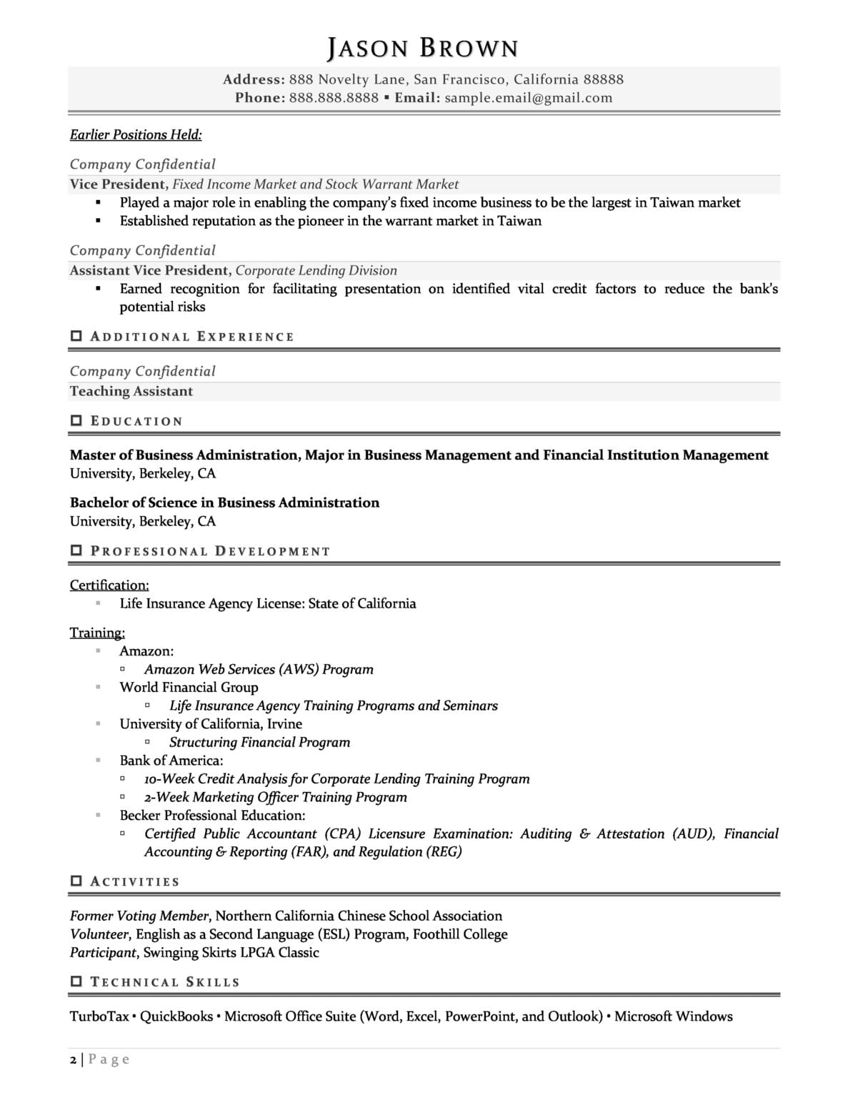 sample resume of general manager finance