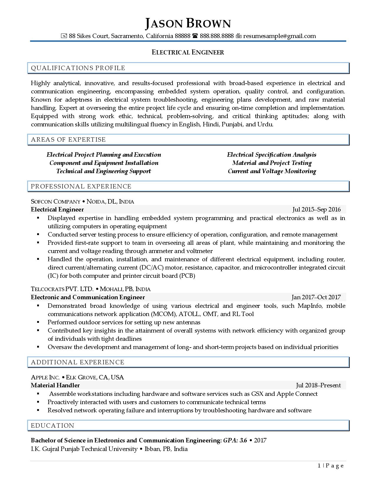 Electrical Engineer Resume Examples Resume Professional Writers