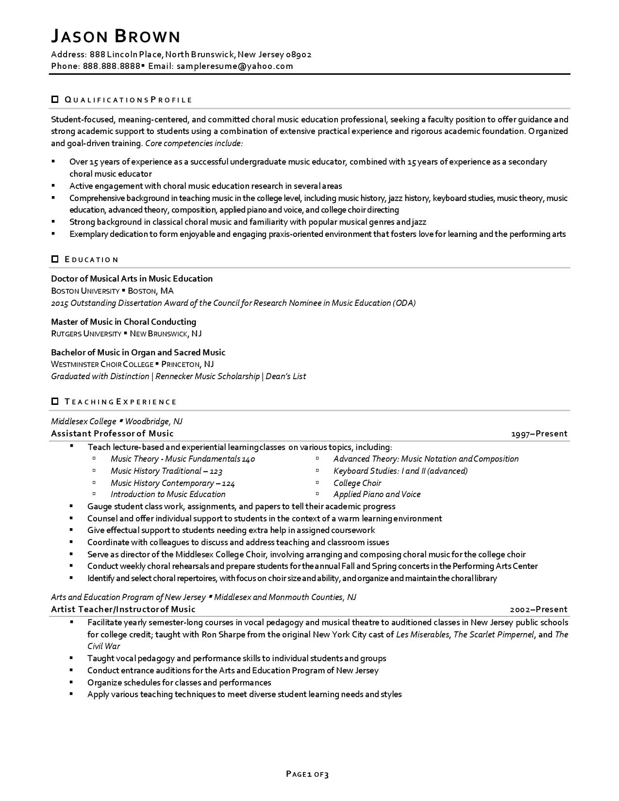 resume faculty position sample