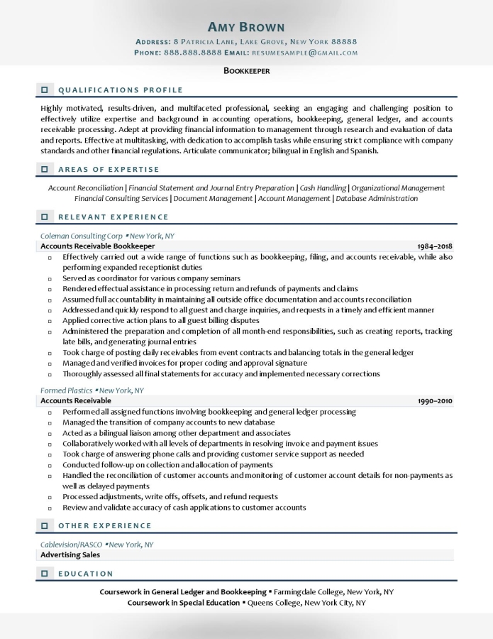 bookkeeping description for resume