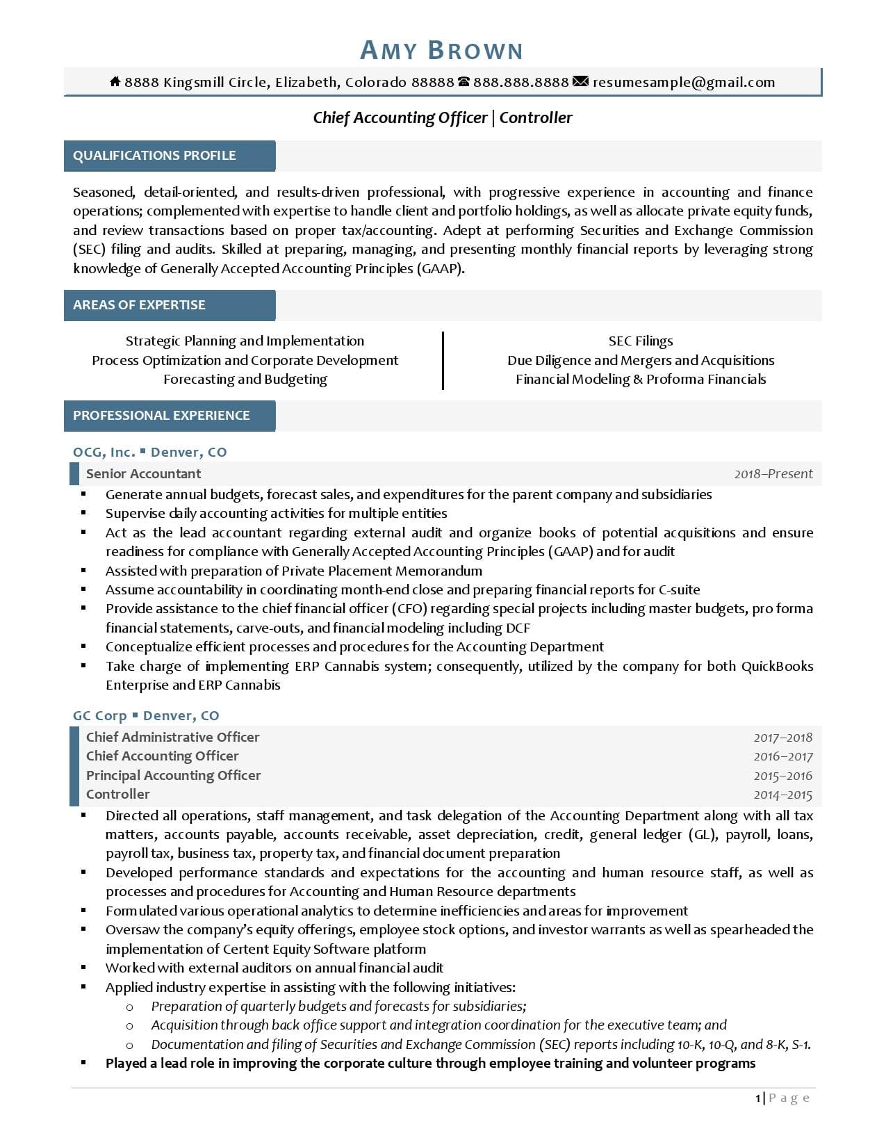 sample resume for chief accountant