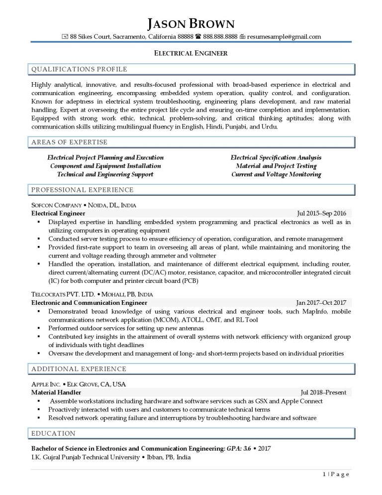 Electrical Engineer Resume Example | Resume Professional Writers