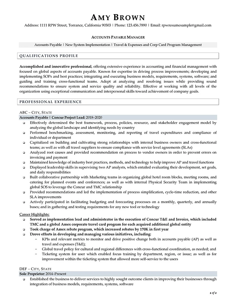 Accounts Payable Resume Example Page One