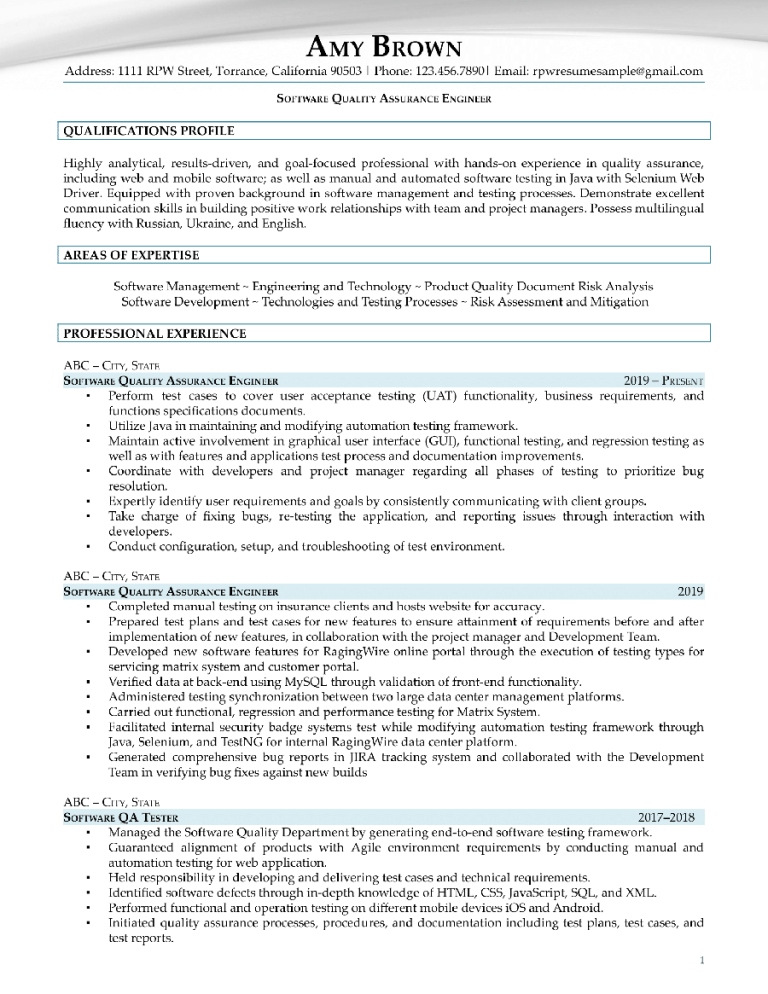 Software Quality Assurance Engineer Resume Example