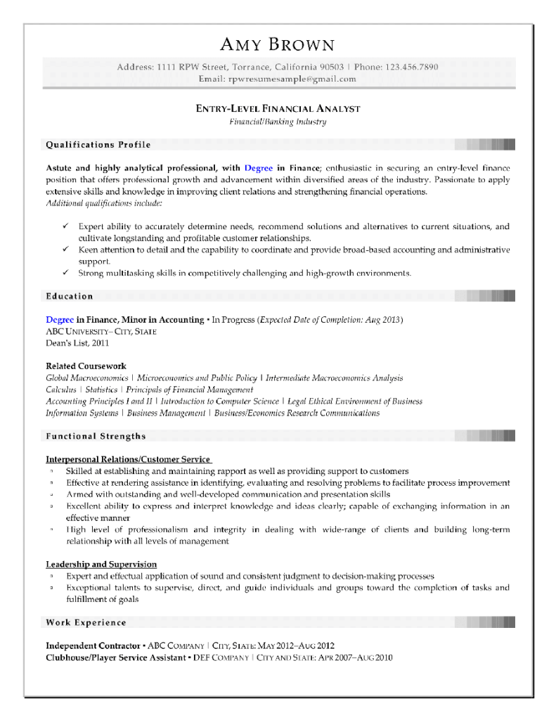 Entry level Finance Resume Example