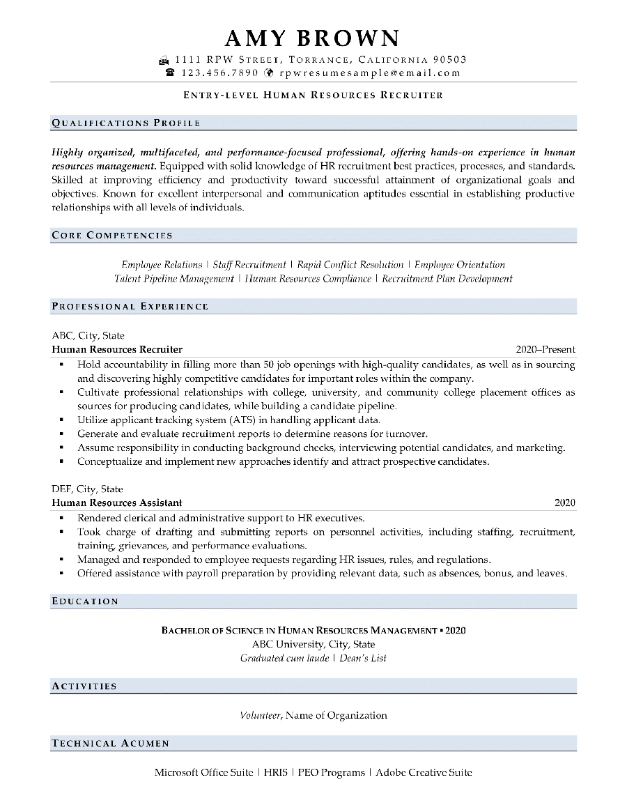 resume for entry level human resources