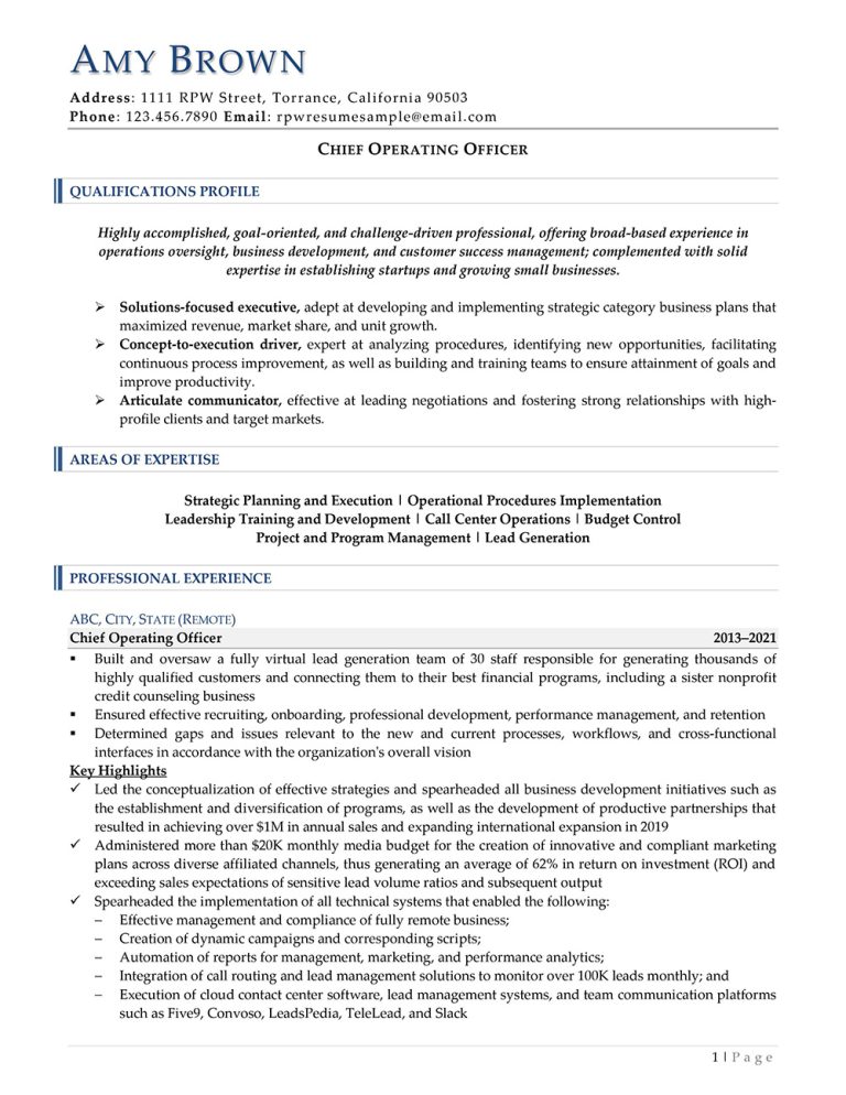 COO Resume Example | Resume Professional Writers