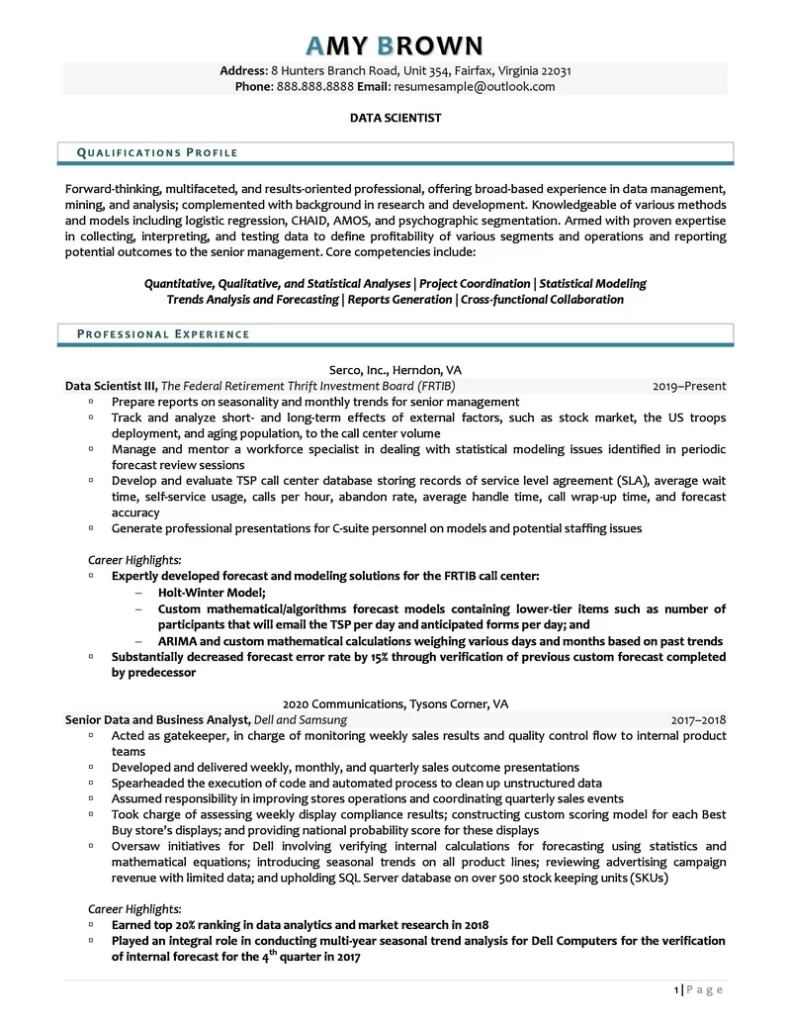 Data Scientist Resume Examples Page 1 1