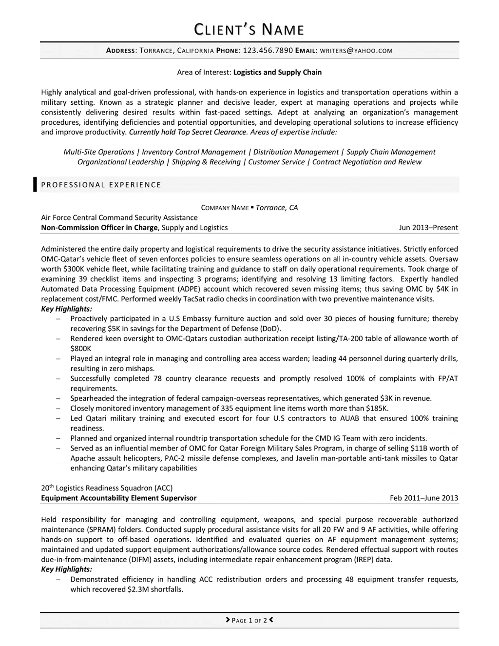 Rpw Military To Civilian Resume Example 1