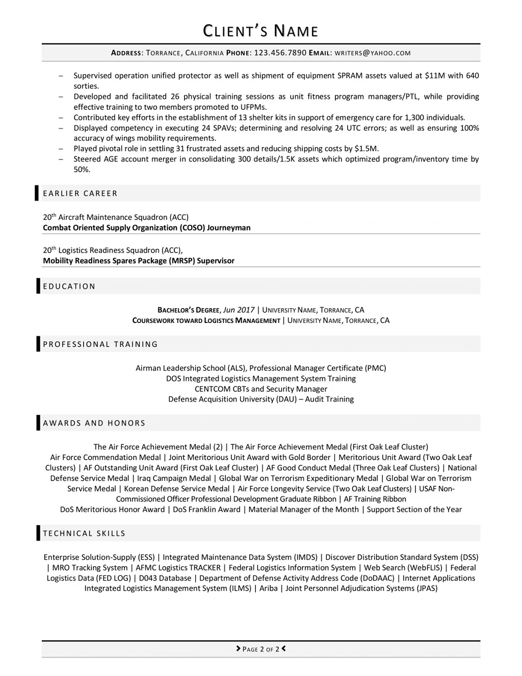 Rpw Military To Civilian Resume Example 2