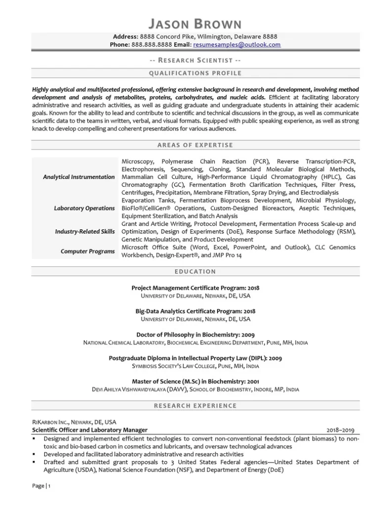 Research Scientist Resume Examples Page 1 1