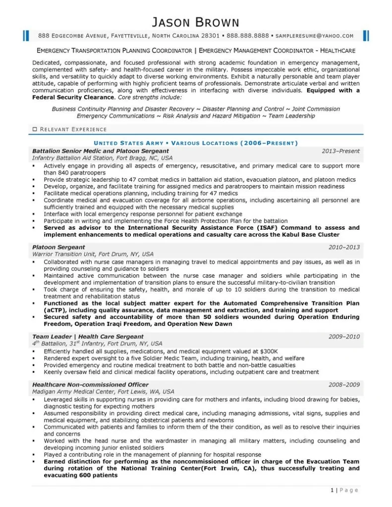 Emergency Management Coordinator Resume Examples Page 1 1