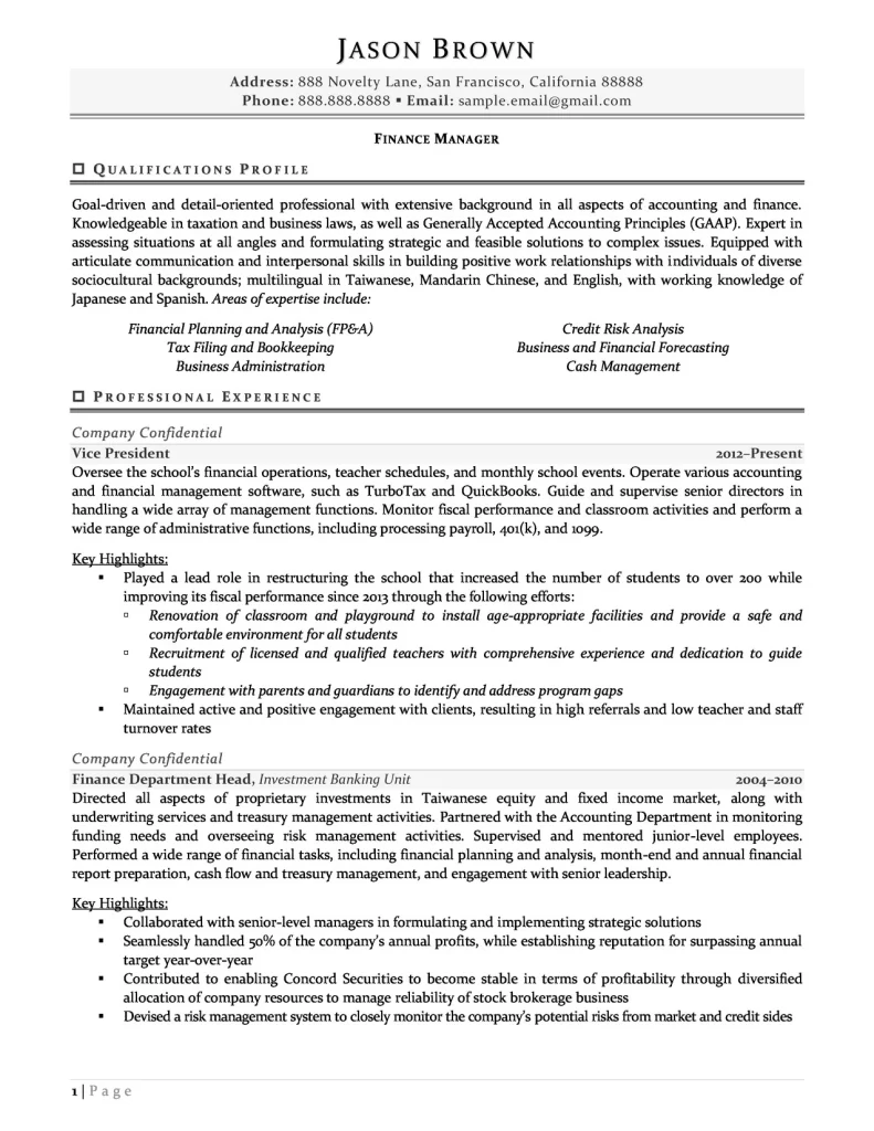 Finance Manager Resume Examples Page 01 1