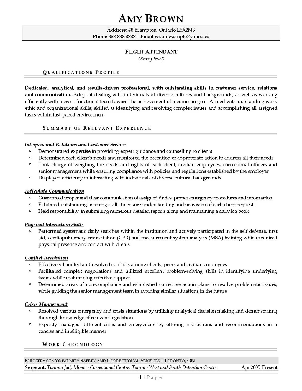 Flight Attendant Resume Example Page One