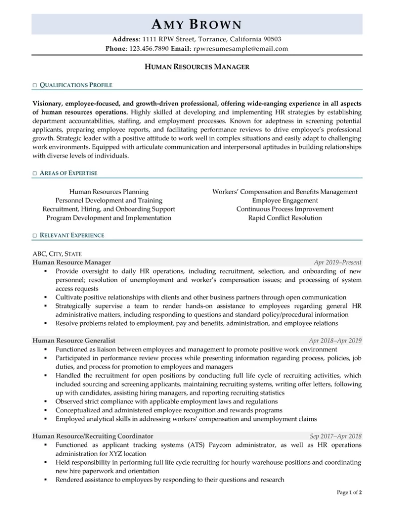 Hr Manager Resume Example Page 1