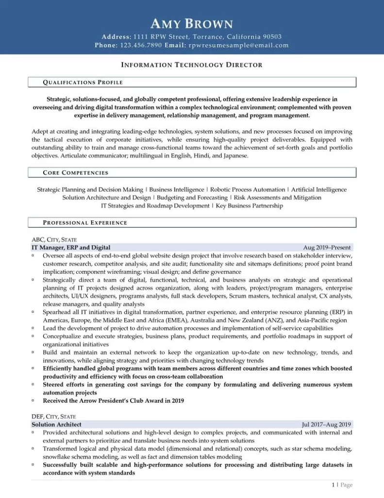 It Director Resume Example Page 1