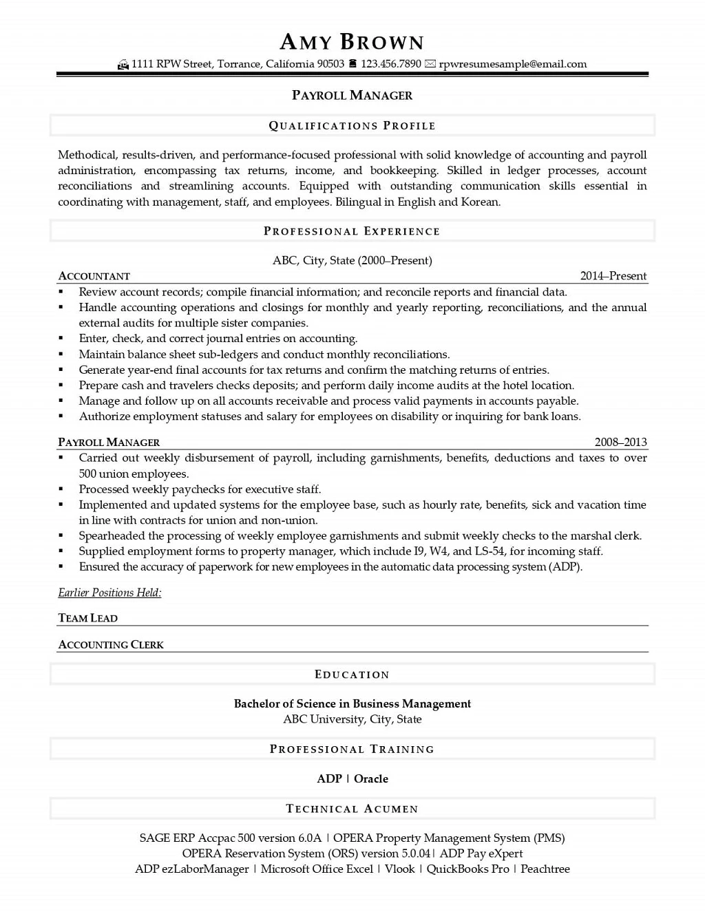 Payroll Manager Resume