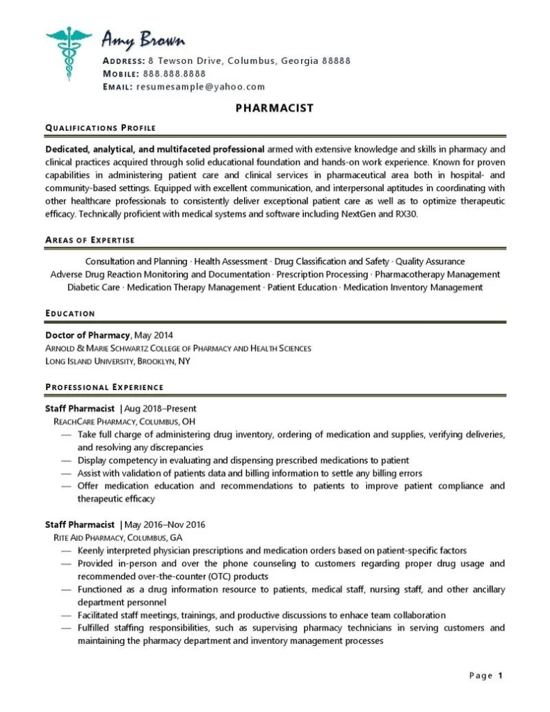 Sample Pharmacist Resume