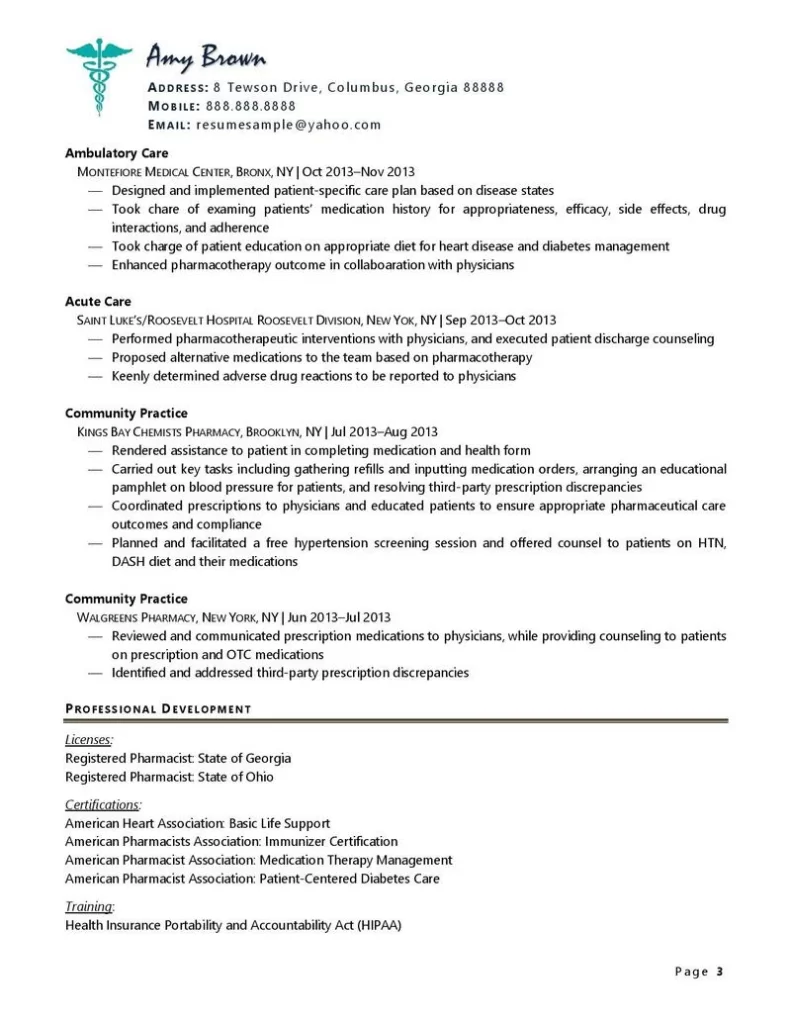 Pharmacist Resume Sample