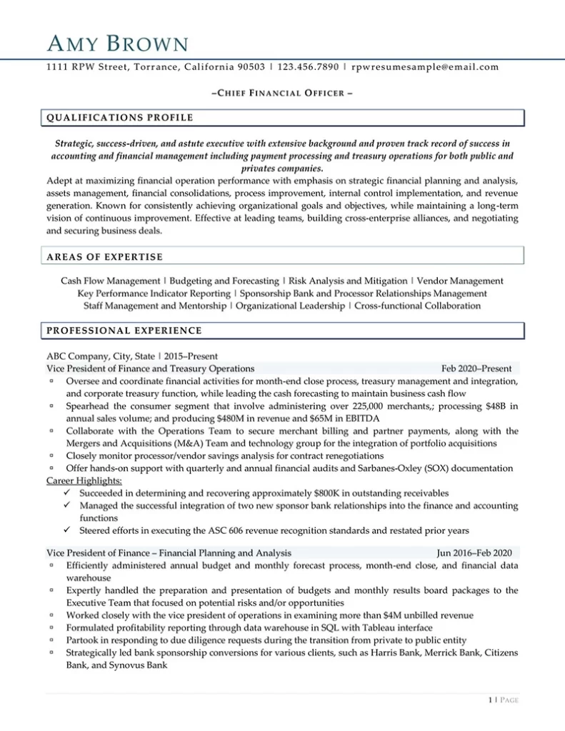 Rpw Cfo Resume Example Page 1