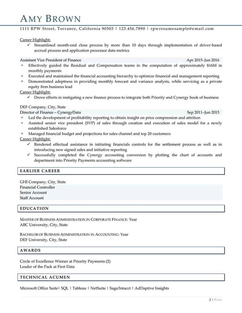 Rpw Cfo Resume Example Page 2