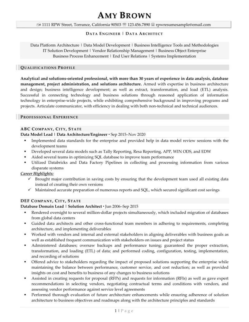 Rpw Data Engineer Resume Example Page 1