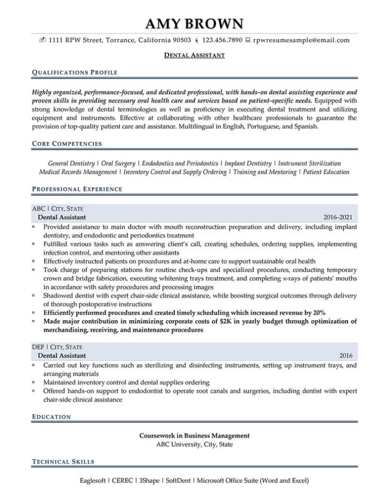 Rpw Dental Assistant Resume Example