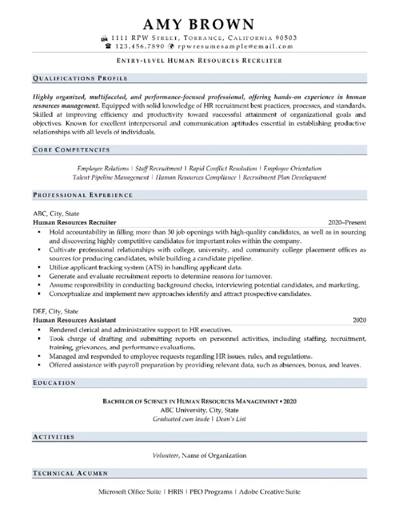 Rpw Entry Level Human Resources Resume Example