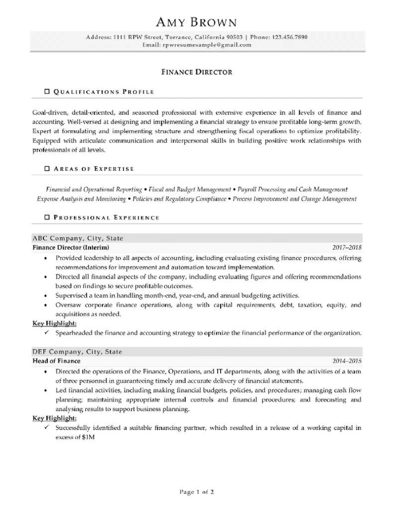 Rpw Finance Director Resume Example 1