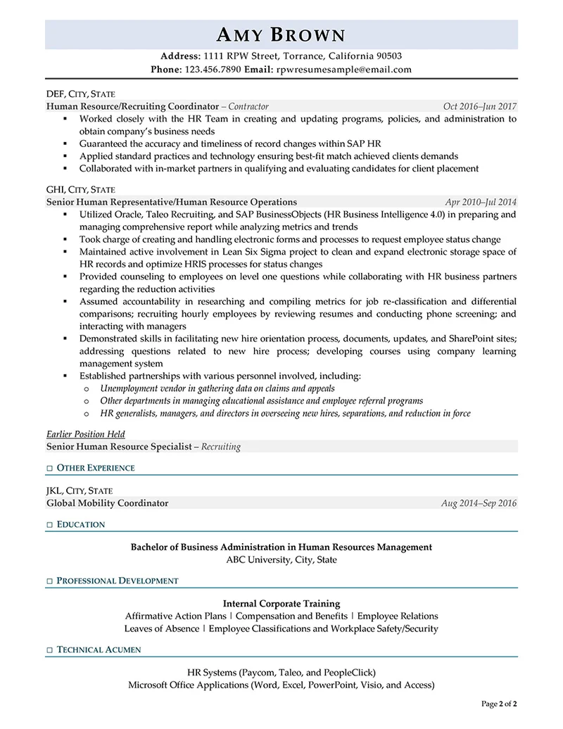 Rpw Hr Manager Resume Example Page 2