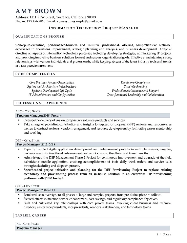 Rpw It Project Manager Resume Example Page 1