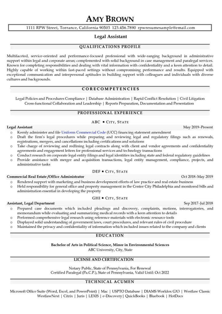 Rpw Legal Assistant Resume Example 1