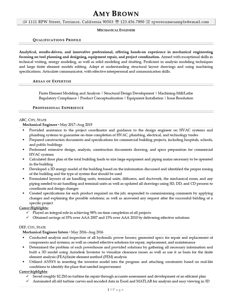 Rpw Mechanical Engineer Resume Example 1 1