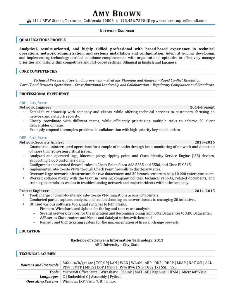 Rpw Network Engineer Resume