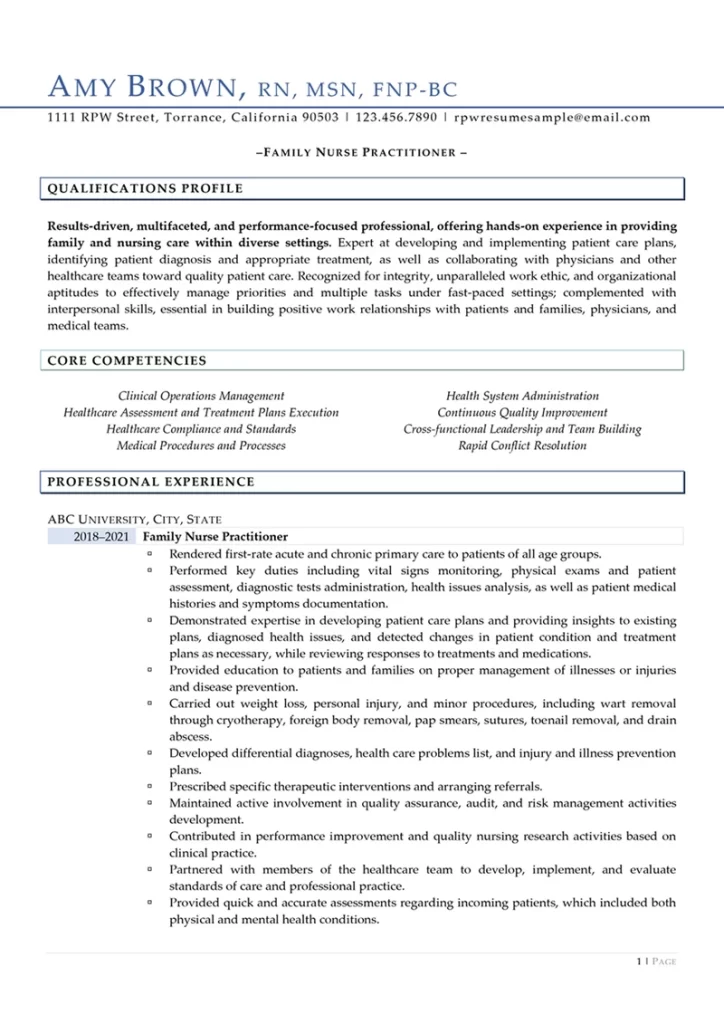 Rpw Nurse Practitioner Resume Example Page One