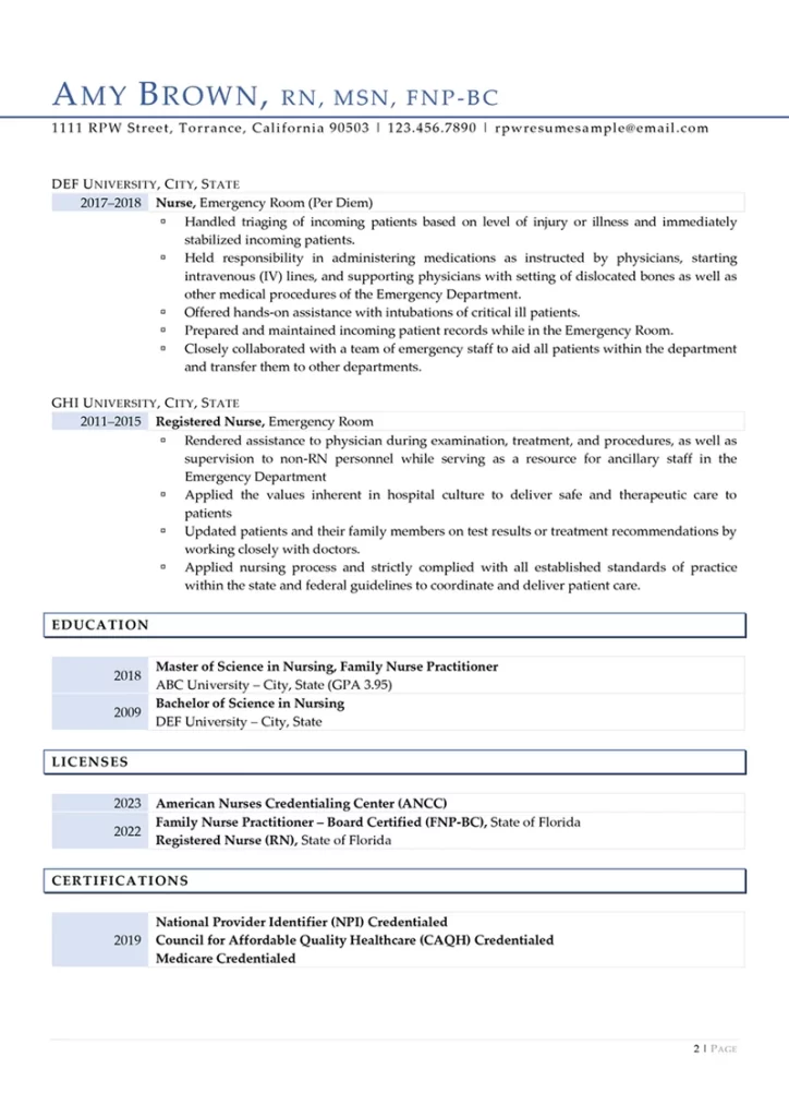 Rpw Nurse Practitioner Resume Example Page Two