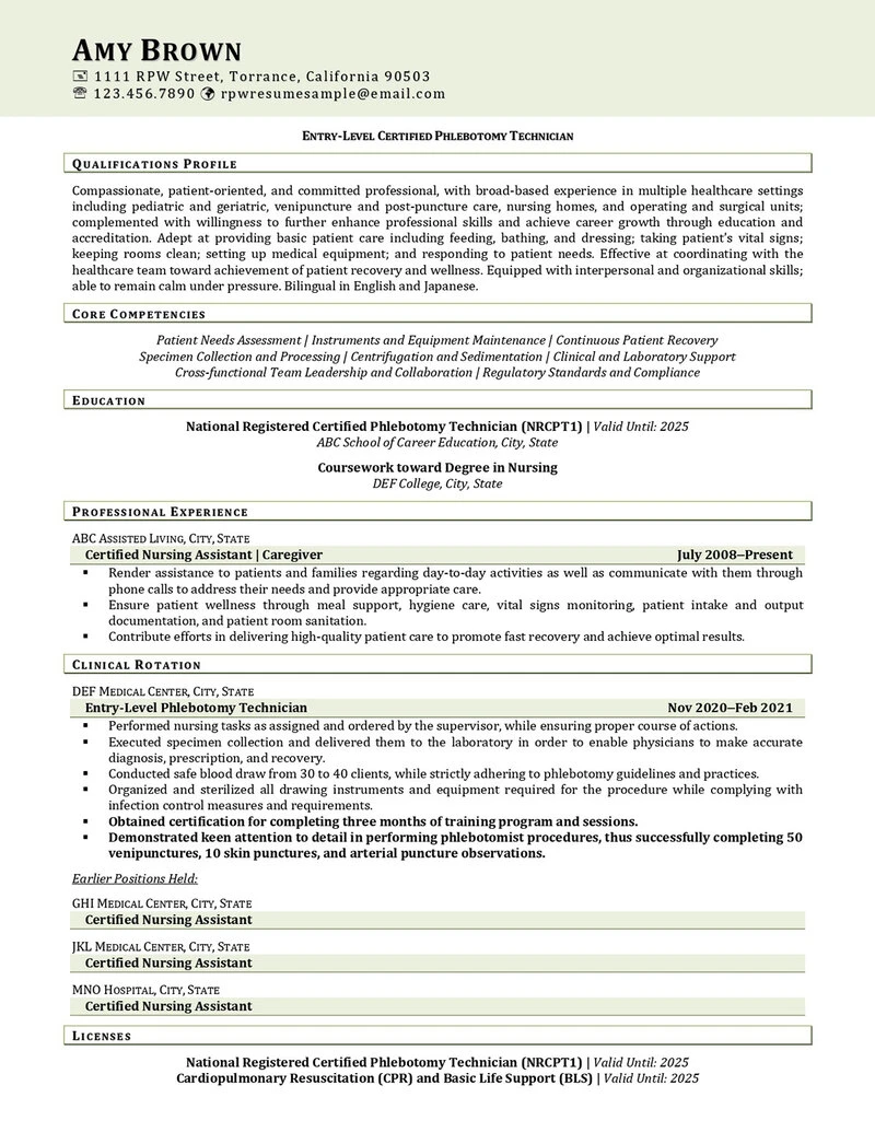 Rpw Phlebotomist Resume