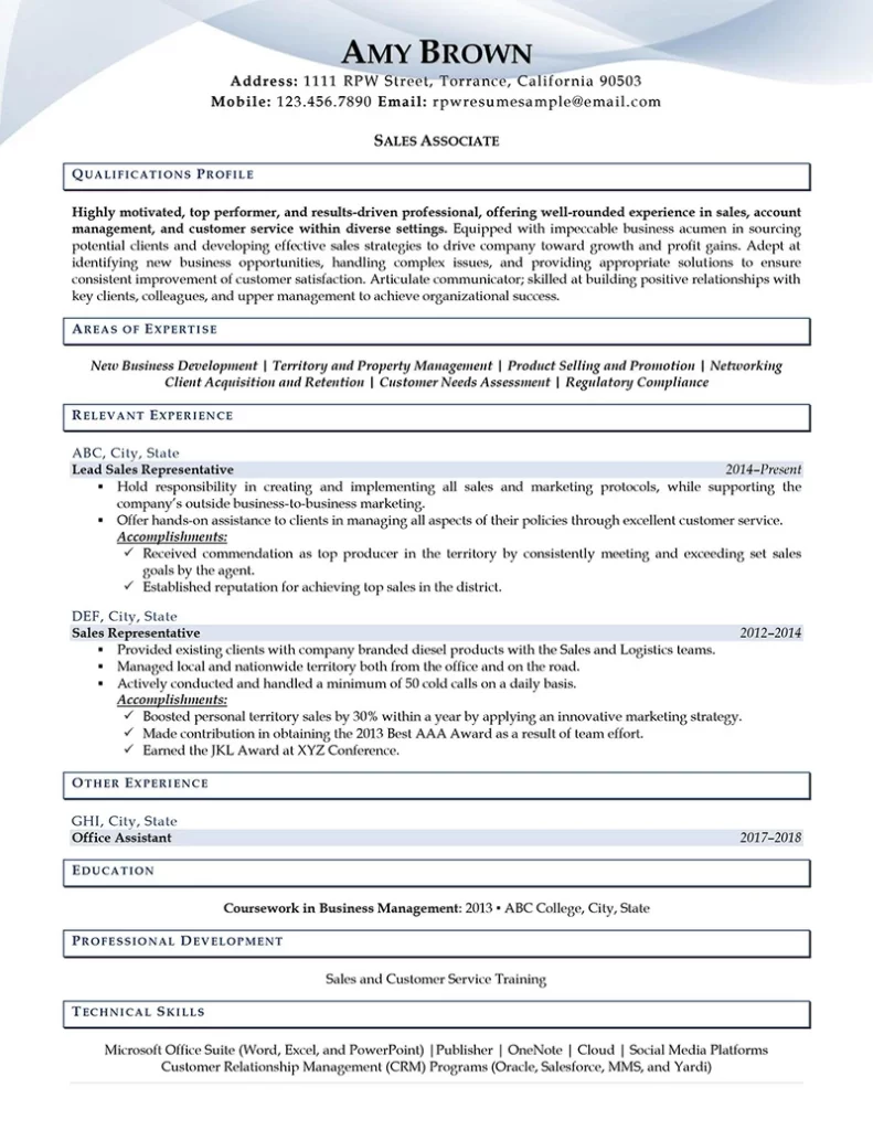 Rpw Sales Associate Resume Example