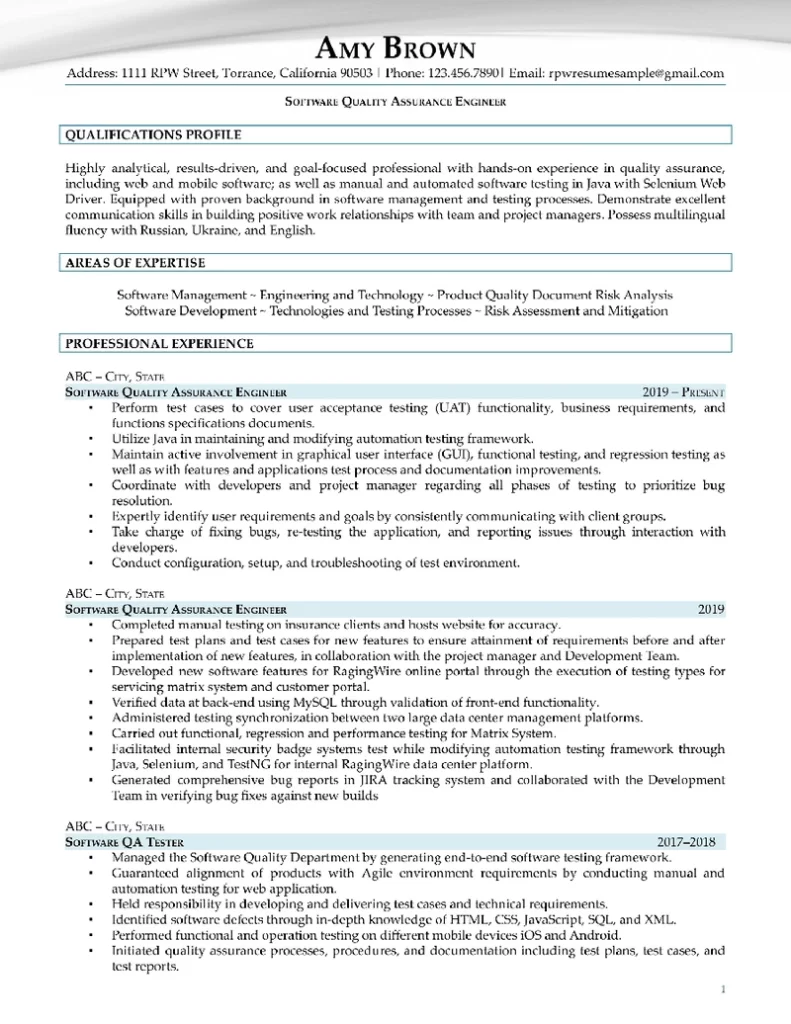 Rpw Software Quality Assurance Engineer Resume Example 1 1