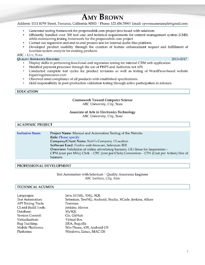 Rpw Software Quality Assurance Engineer Resume Example 2