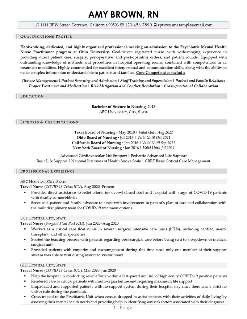 Rpw Travel Nurse Resume Example 01