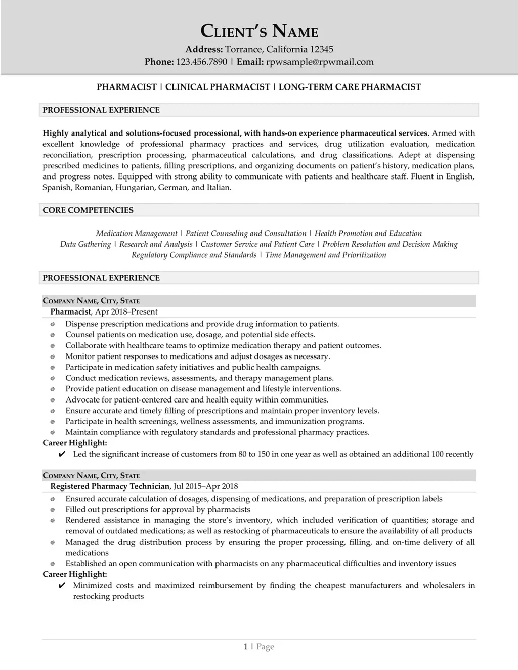 Pharmacist Resume Example Page One