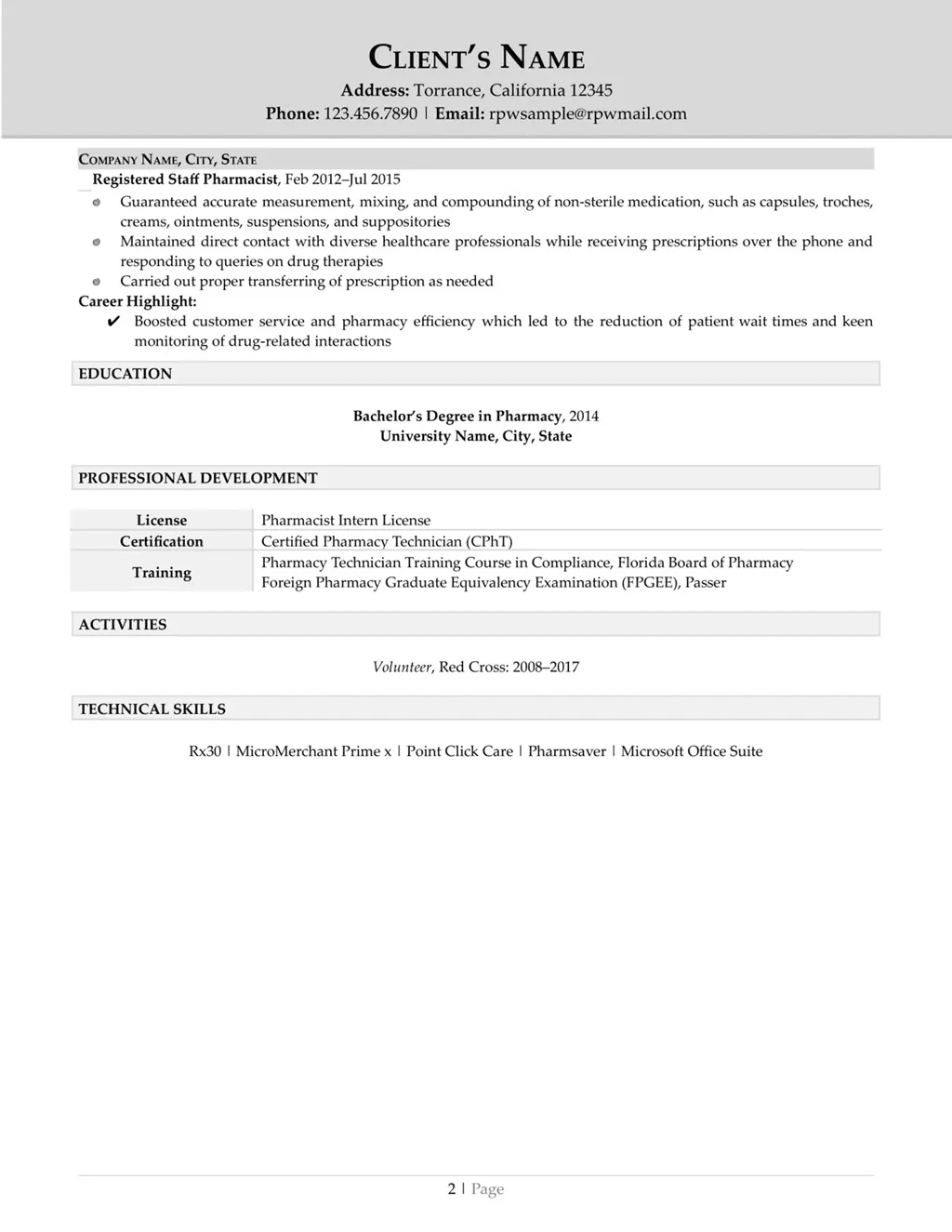 Pharmacist Resume Example Page Two