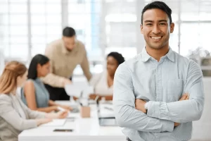 confident employee in a collaborative workplace