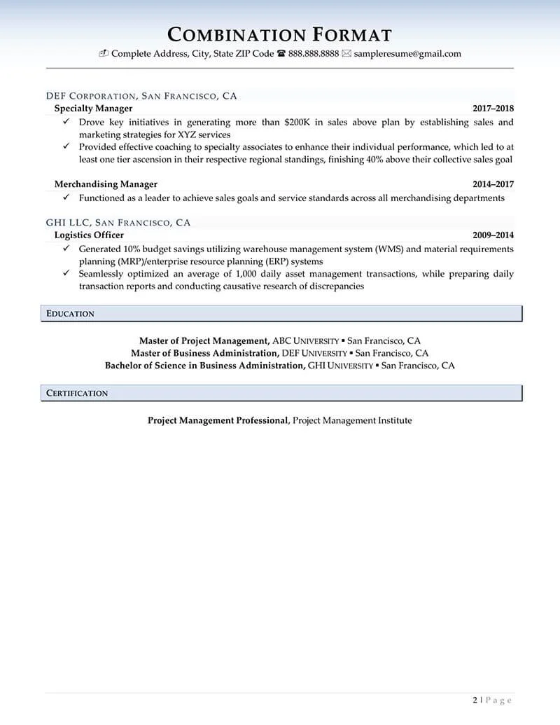 Rpw Combination Resume Format Example Page 2