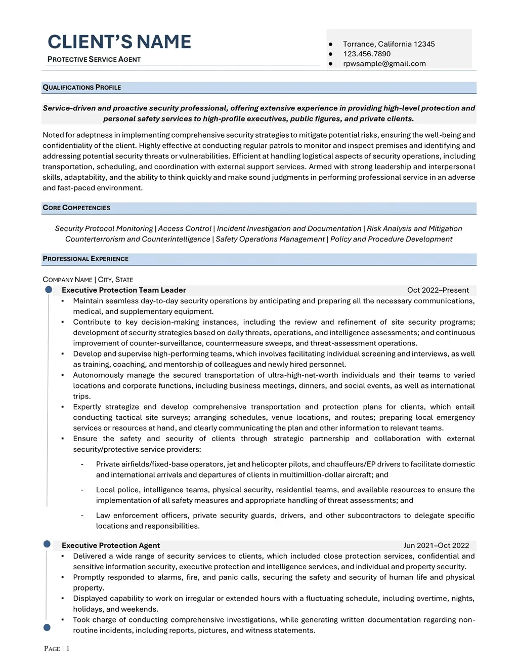 Security Officer Resume Example Page One