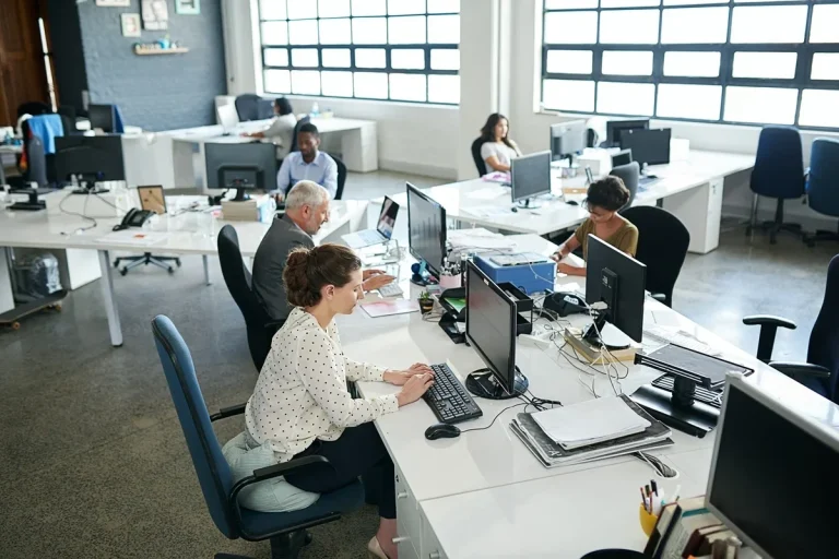 busy employees working in an office setup