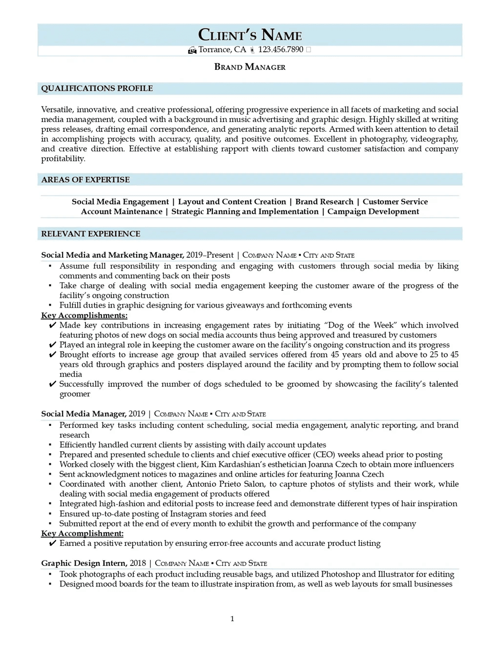 Brand Manager Resume Example Page One