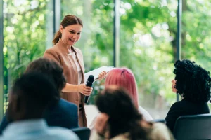 businessmen and businesswomen with public speaking skills